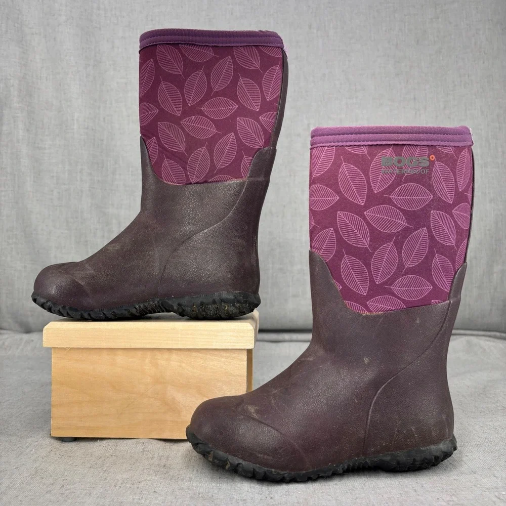 Bogs Kids Rain Boots‎ Purple Leaf Print Burgundy Waterproof Insulated Size 12